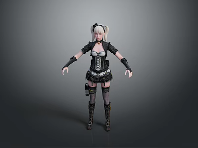 A Woman Wearing Black Maid Outfit With White Hairpiece Black Gloves And Knee High Boots 3d model