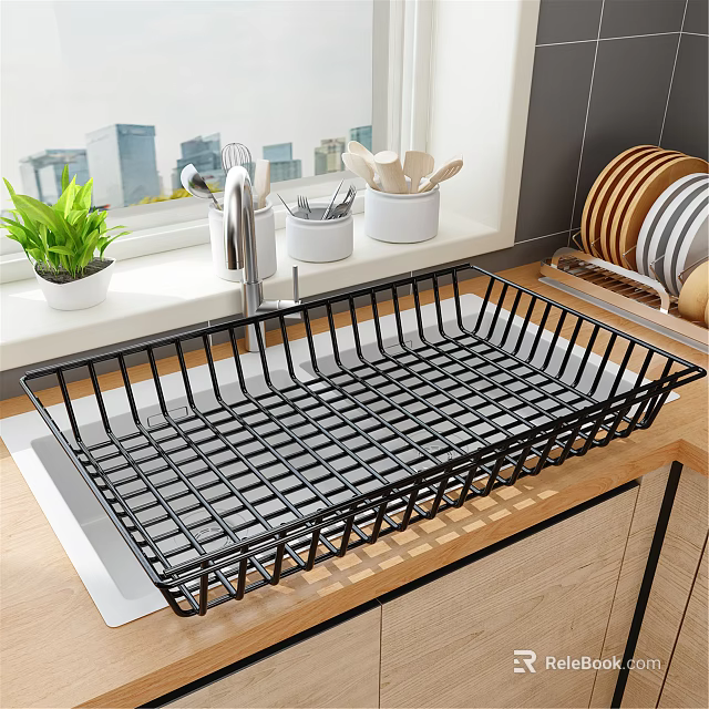 Black Metal Dish Drying Rack Over Kitchen Sink With Utensils Plates And Window Plant 3d model 