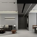 Elegant Modern Living And Dining Room Interior With Marble Walls Black Leather Sofa And Fireplace