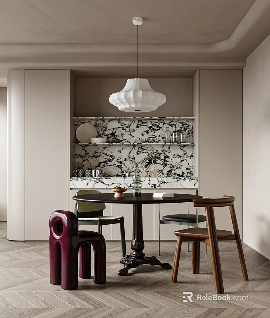 Stylish Modern Restaurant Dining Area With Round Table Colorful Chairs And Patterned Backsplash 3d model