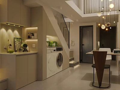 Modern Bright Open Plan Living And Dining Interior With Built In Storage And Staircase Design 3d model