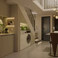Modern Bright Open Plan Living And Dining Interior With Built In Storage And Staircase Design