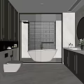 Modern Bathroom Interior With White Bathtub Round Mirror And Light Gray Cabinets