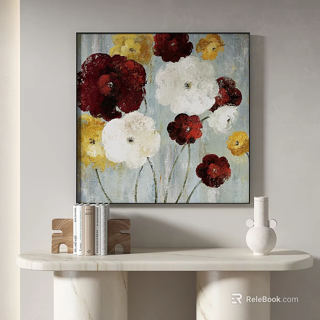 Colorful Flower Canvas Wall Art With Red White Yellow Blooms And Decorative Table 3d model 