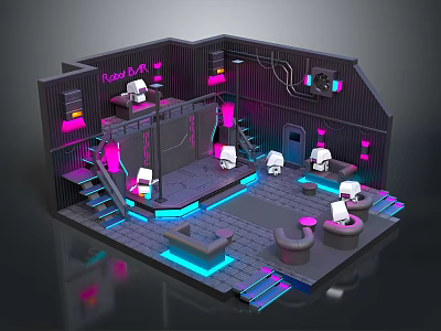 Modern Neon Lit Indoor Scene Featuring Staircases Sofas And Kiss Me Signage 3d model