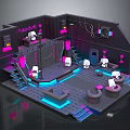 Modern Neon Lit Indoor Scene Featuring Staircases Sofas And Kiss Me Signage