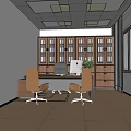 Spacious Office Interior Featuring Desk Computer Plant Two Chairs Wooden Cabinets And Windows 3d model