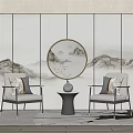 Chinese Style Casual Sofa Set With Landscape Background Wall Round Decorative Painting And Two Armchairs