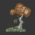 Game Film Character Standing Under Orange Leaved Tree With Green Grassy Area And Glowing Particles