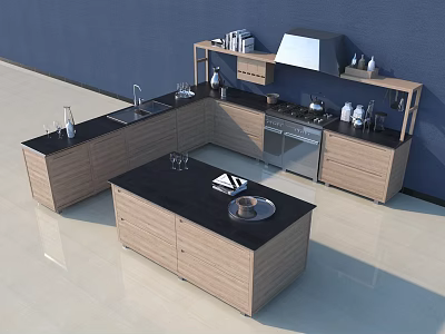 Modern Kitchen Interior With Wooden Cabinets Black Countertop Island And Appliances 3d model