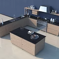 Modern Kitchen Interior With Wooden Cabinets Black Countertop Island And Appliances