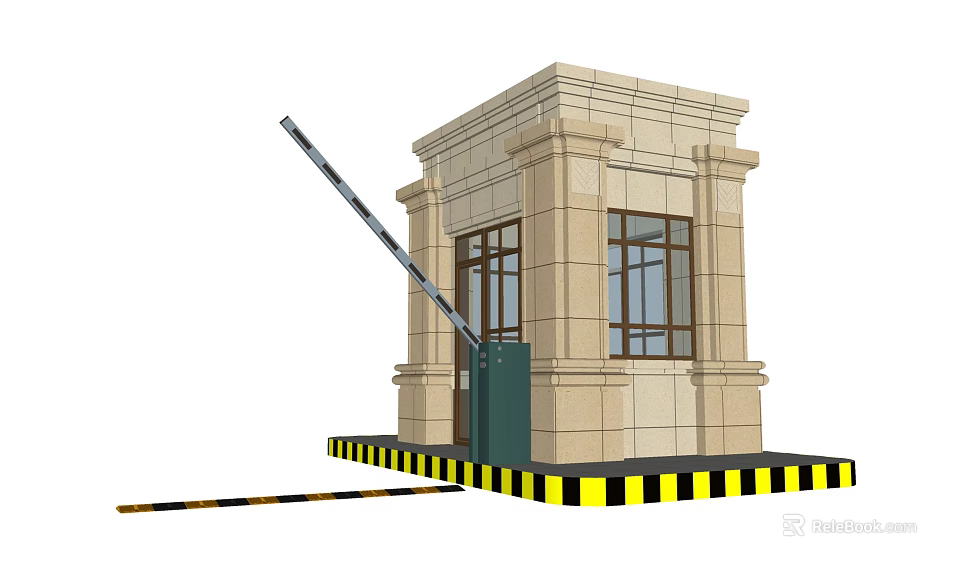 Stone Security Booth With Automatic Barrier Gate And Warning Stripes 3d model 
