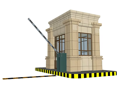 Stone Security Booth With Automatic Barrier Gate And Warning Stripes 3d model