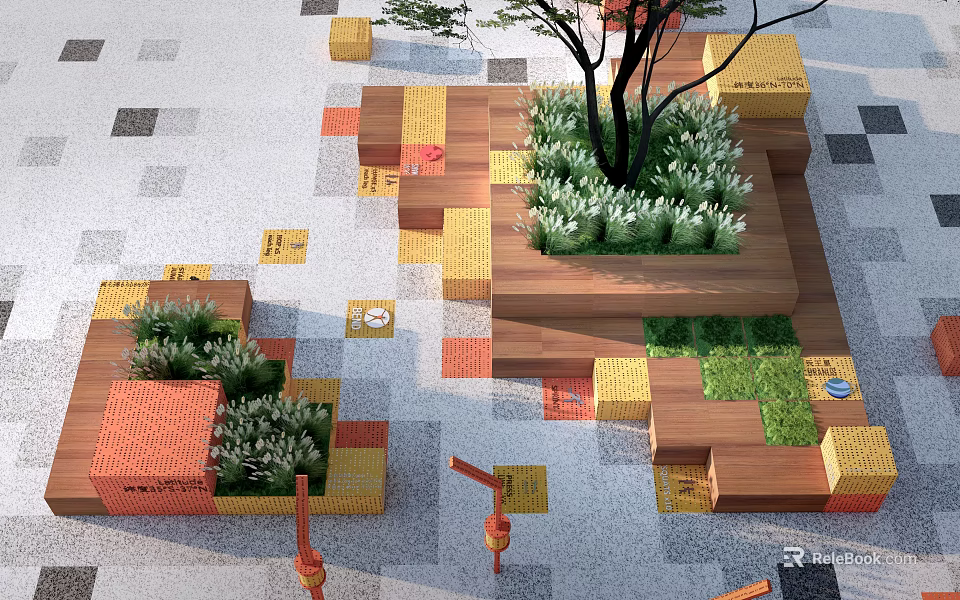 Modern Outdoor Plaza Design With Wooden Platforms Green Plants Colorful Tiles And Lanterns 3d model 