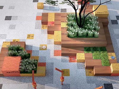 Modern Outdoor Plaza Design With Wooden Platforms Green Plants Colorful Tiles And Lanterns 3d model