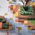 Modern Outdoor Plaza Design With Wooden Platforms Green Plants Colorful Tiles And Lanterns