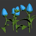 Blue Paper Art Flowers With Green Stems And Leaves On Dark Background