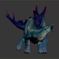 Turquoise Stegosaurus Dinosaur Model with Purple Spikes Open Mouth Detailed Texture Standing Pose Dark Background