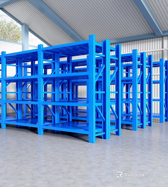 Blue Multi Tiered Metal Shelving Units With Heavy Duty Design In Warehouse Storage 3d model 