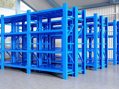 Blue Multi Tiered Metal Shelving Units With Heavy Duty Design In Warehouse Storage 3d model