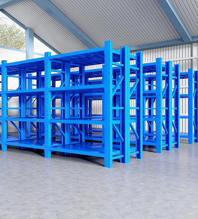 Blue Multi Tiered Metal Shelving Units With Heavy Duty Design In Warehouse Storage 3d model