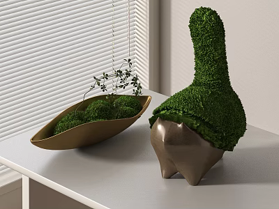 Shaped Decorative Potted Plants With Green Foliage In Golden Bowl And Animal Shaped Container 3d model