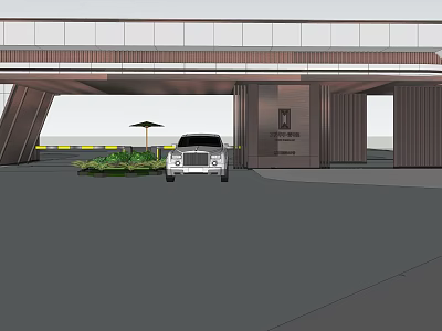 Modern Entrance Gate Design With Parked Car Wooden Panels Greenery And Umbrella 3d model
