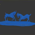 Two Antelope Sculptures In Fighting Stance With Grass Covered Base On Reflective Surface