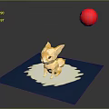 Low Poly Game Character Fox Sitting On Blue Mat With White Milk And Red Ball