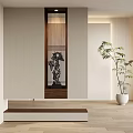 Modern Entryway With Slatted Screen Decorative Sculpture Potted Plant And Wooden Bench
