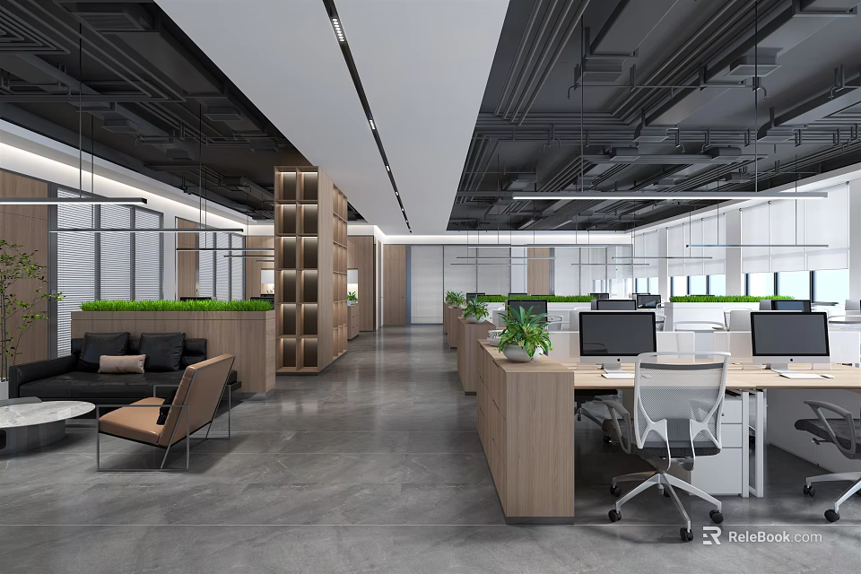 Modern Public Office Workspace With Open Layout Workstations Computers Office Chairs Green Plants And Sofa 3d model 