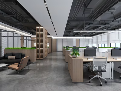 Modern Public Office Workspace With Open Layout Workstations Computers Office Chairs Green Plants And Sofa 3d model
