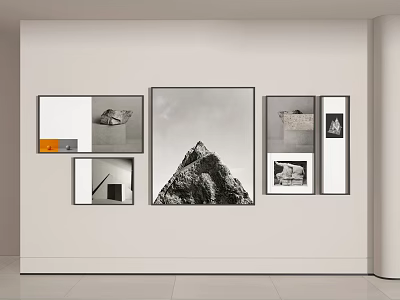 Art Gallery Wall With Various Black And White Artworks And Decorative Frames 3d model