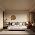 Modern Beige Bedroom Interior With Wooden Bed Wardrobe Bedside Lamp And Round Wall Decor