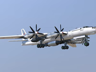 Powerful Fighter Jet Flying In Clear Sky With Four Propellers And Landing Gear 3d model