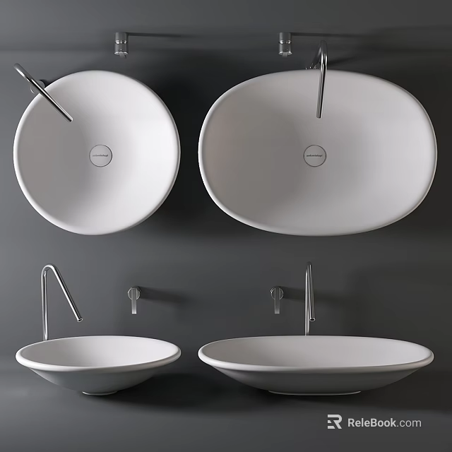 White Ceramic Above Counter Washbasins With Different Shapes And Modern Faucets 3d model 