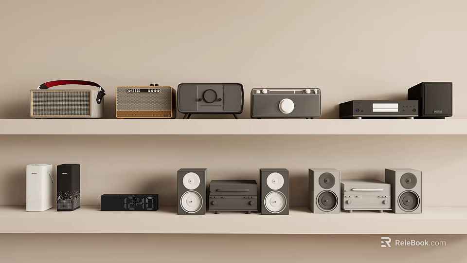 Vintage And Modern Audio Speakers Display On Shelf With Various Designs 3d model 