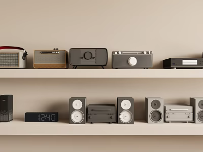 Vintage And Modern Audio Speakers Display On Shelf With Various Designs 3d model