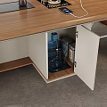 Modern Tea Table And Chair With Brown Tabletop White Cabinet Decorations And Wooden Wall Background