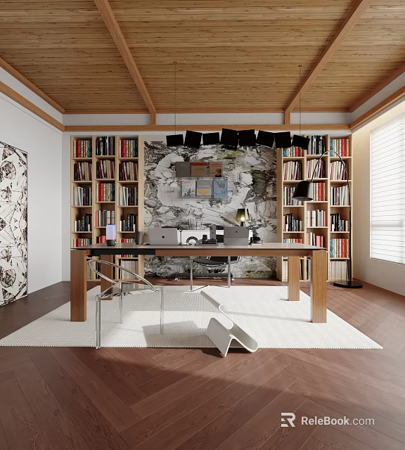 Modern Study Room With Bookshelves Wooden Desk White Rug Pendant Lights And Wall Art 3d model 