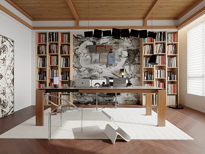 Modern Study Room With Bookshelves Wooden Desk White Rug Pendant Lights And Wall Art 3d model