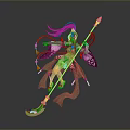 Woman in dynamic pose with long flowing hair wearing traditional outfit holding decorated staff weapon