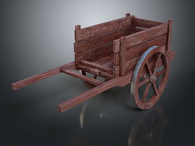 Vintage Wooden Hand Cart With Rustic Frame And Large Spoked Wheels 3d model