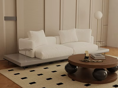 Modern White Three Seater Sofa With Round Coffee Table Floor Lamp And Patterned Rug 3d model