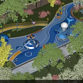 Park Landscape Featuring Curved Blue Water Play Slides Green Lawns And Pink Flowering Trees