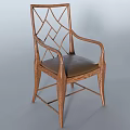 Wooden Dining Chair With Armrests And Geometric Pattern Backrest And Leather Seat