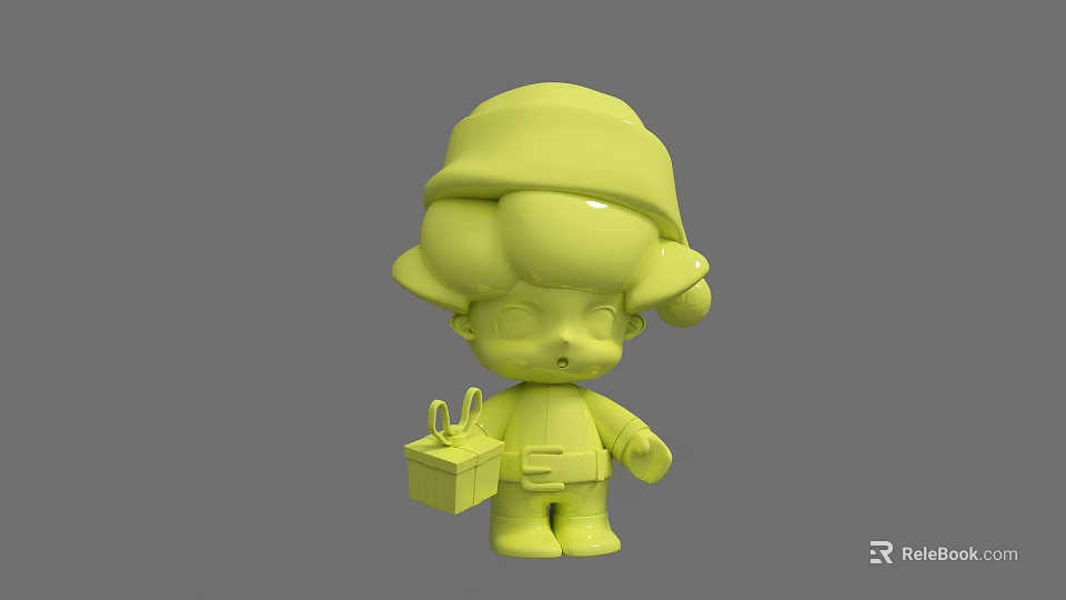 Cute Yellow 3D Doll Model Wearing Hat Holding Gift Box Details 3d model 