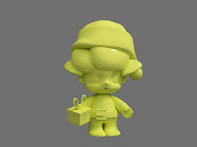 Cute Yellow 3D Doll Model Wearing Hat Holding Gift Box Details 3d model
