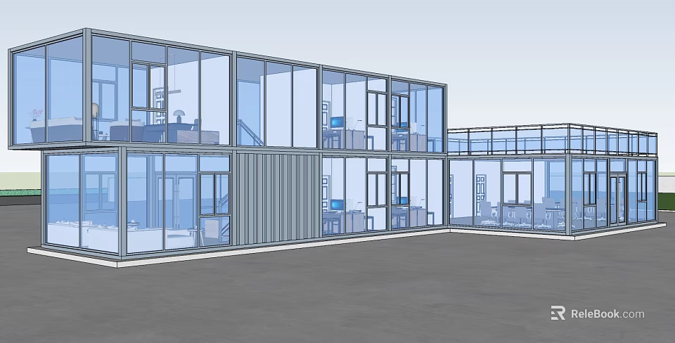Modern Office Building With Glass Facade Multiple Floors And Interior Workstations 3d model