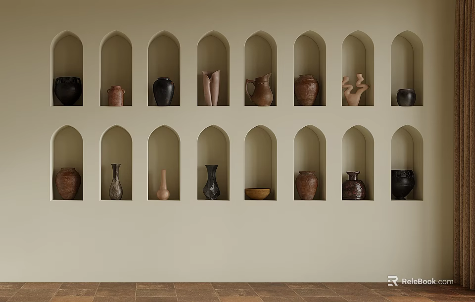 Wall Cabinets with Arched Niches Displaying Various Clay Pots and Vases in Modern Interior 3d model 